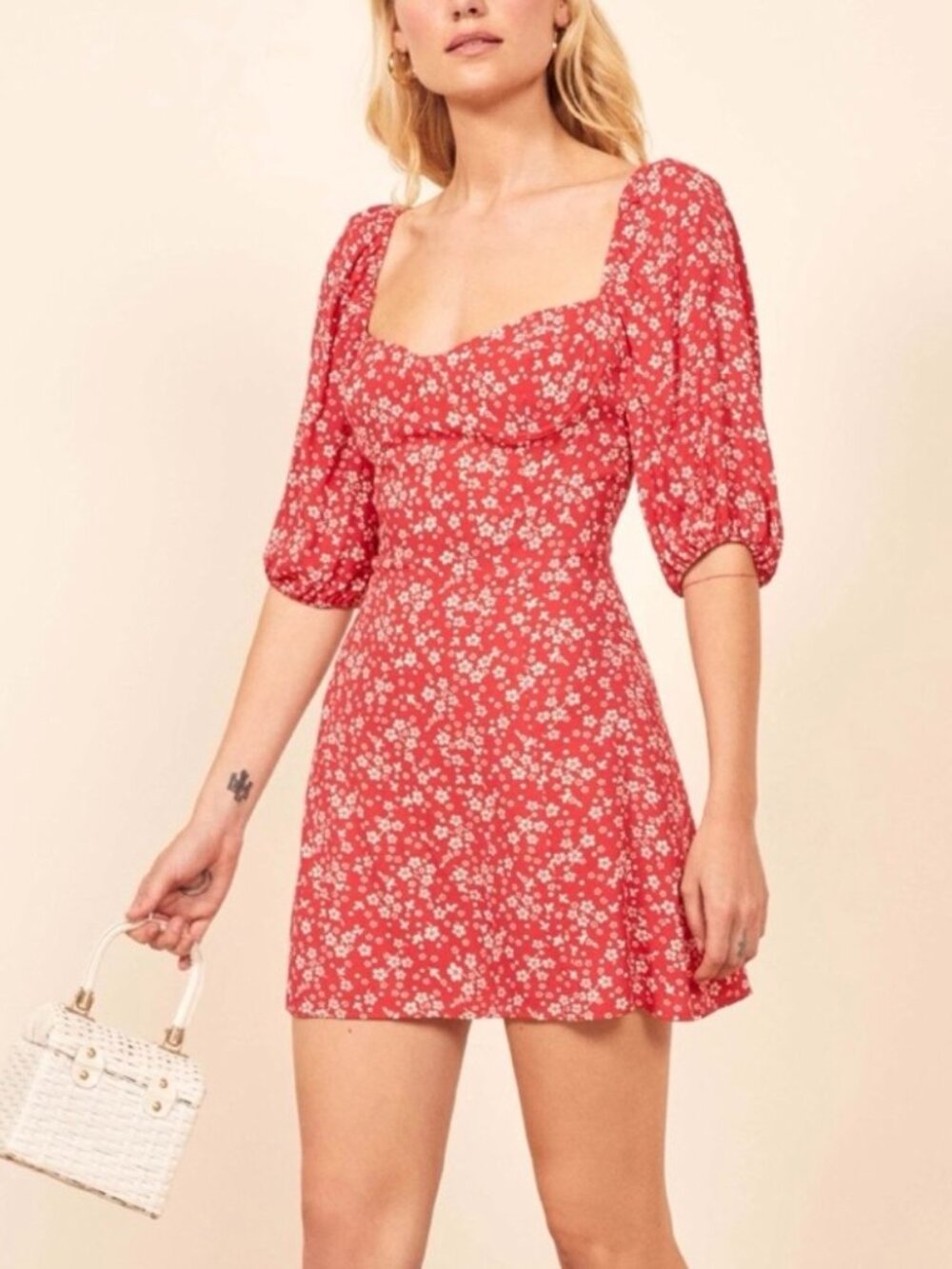 Reformation Kopa Red Floral Sweetheart Mini Dress US 6